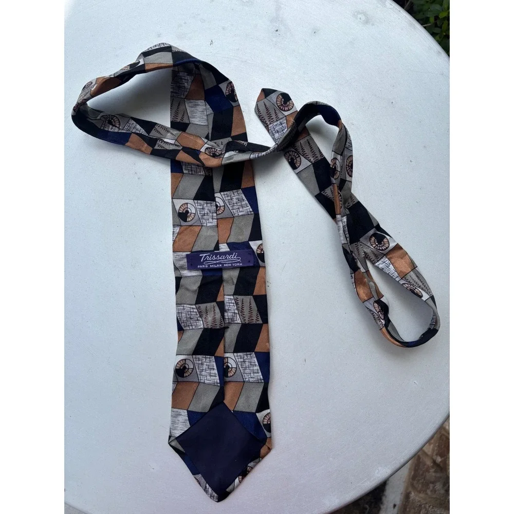 Trissardi Silk Necktie Geometric Abstract Bronze Grey Navy Blue Black‎ Mens Tie